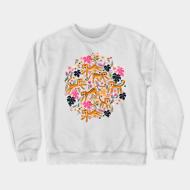 Happy Valentine Tigers with pink hearts and leaves Crewneck Sweatshirt by micklyn